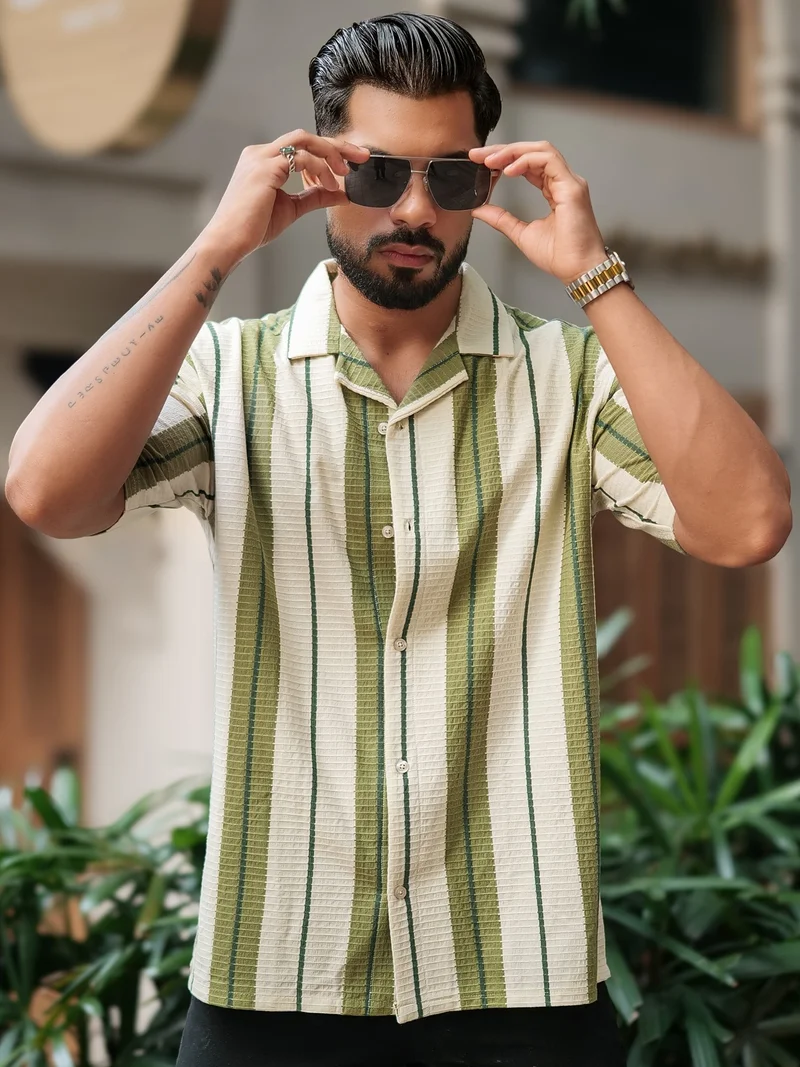 Maniac  Maniac Mens Miami Vertical Stripe Collared Neck Half Sleeve Cream and Green Shirt for Men | Best Price UAE